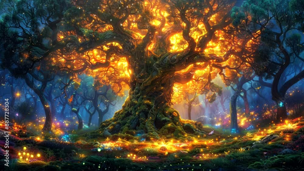 Enchanted glowing tree in magical forest with vibrant lights and mystical atmosphere. Fantasy concept Enchanted glowing tree in magical forest with vibrant lights and mystical atmosphere. Fantasy concept