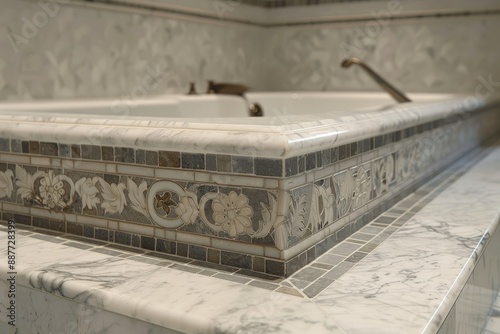 a bath tub with a marble tile design on it