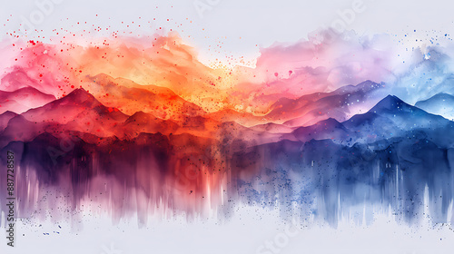 Vibrant watercolor painting of a mountain range with a colorful and abstract design, merging warm and cool tones in a balanced composition.
