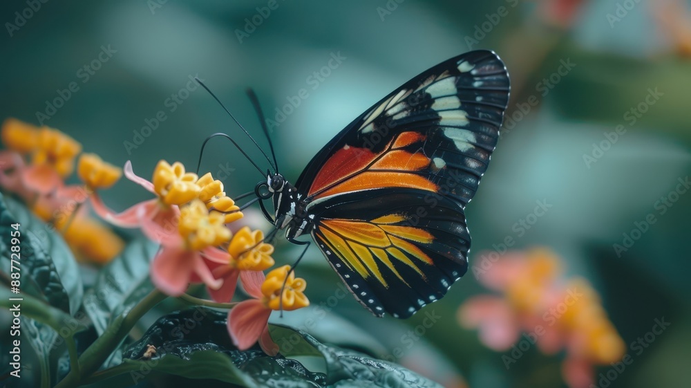 Obraz premium A vibrant butterfly perched on a colorful flower showcasing its intricate wing patterns and the beauty of nature in a close-up shot.
