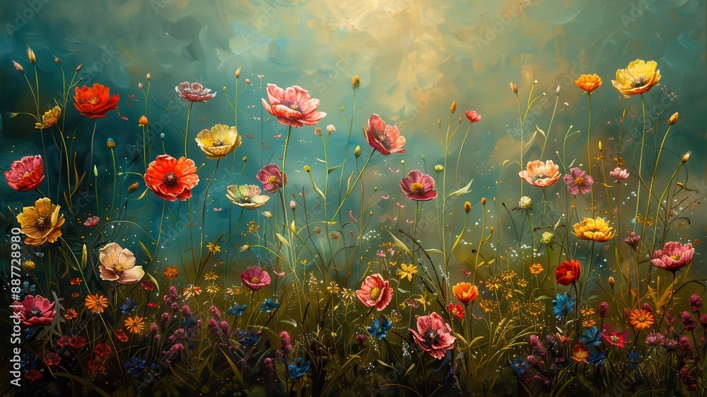 A vibrant floral painting features a field in full bloom against a dreamy sky, exuding warmth and beauty, perfect for any nature-themed decor. A vibrant floral painting features a field in full bloom against a dreamy sky, exuding warmth and beauty, perfect for any nature-themed decor.