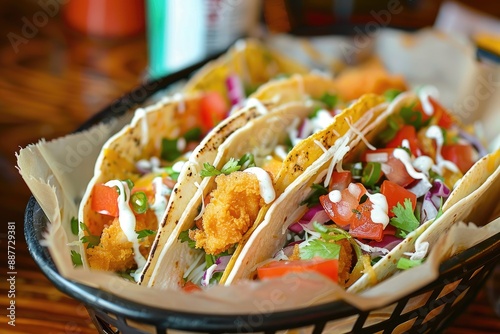 Fish tacos with fresh lettuce, tomatoes, and melted cheese, A basket of flaky fish tacos, Ai generated