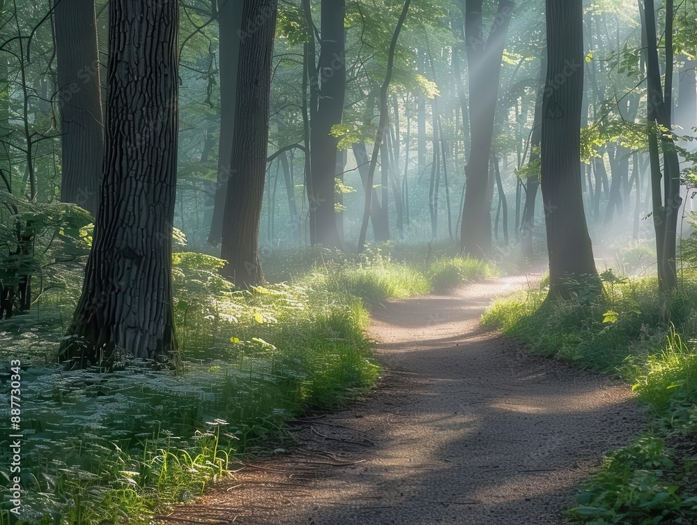 Obraz premium Serenity, quiet forest path, morning mist, dappled sunlight, serene walk, natures embrace
