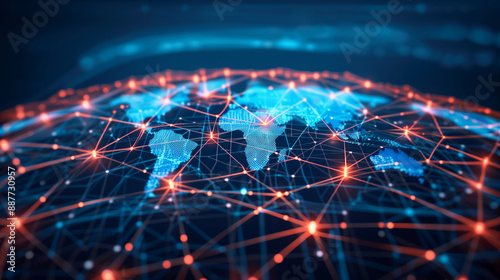 Global business network structure with virtual interface icons and internet technology, highlighting the concept of regulatory compliance.