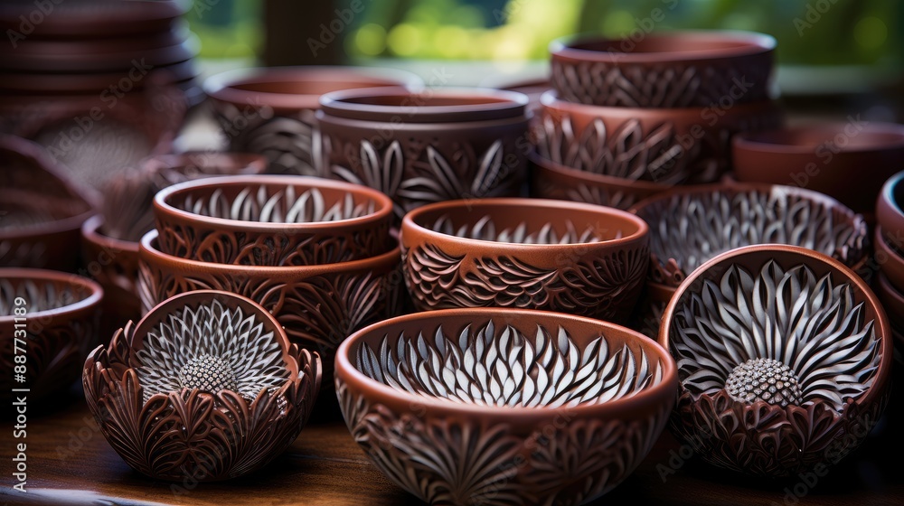 Fototapeta premium Hand-carved wooden bowls with intricate patterns, close-up view. 