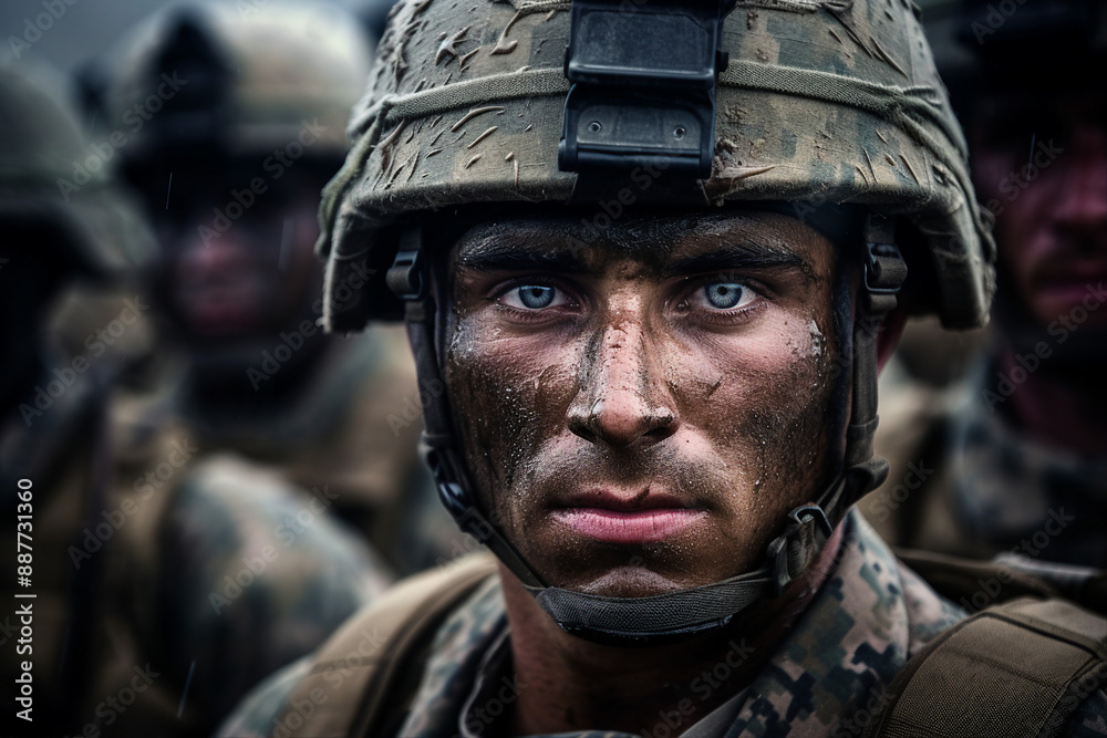 Generative AI illustration of soldier portrait in uniform and protective helmet Generative AI illustration of soldier portrait in uniform and protective helmet