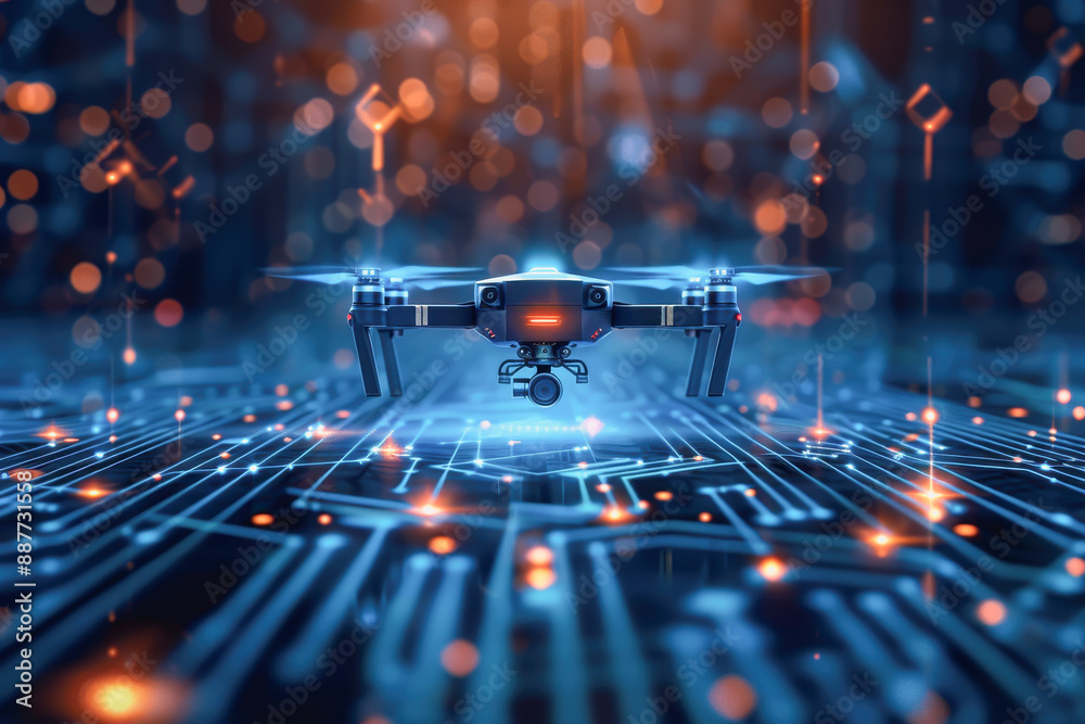 High-tech drone flying in digital network, blue neon lights, abstract connections, glowing circuit High-tech drone flying in digital network, blue neon lights, abstract connections, glowing circuit