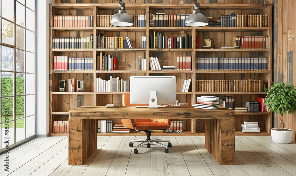 Minimalistic home office with modern desktop computer, wooden desk, bookshelf, natural light Minimalistic home office with modern desktop computer, wooden desk, bookshelf, natural light