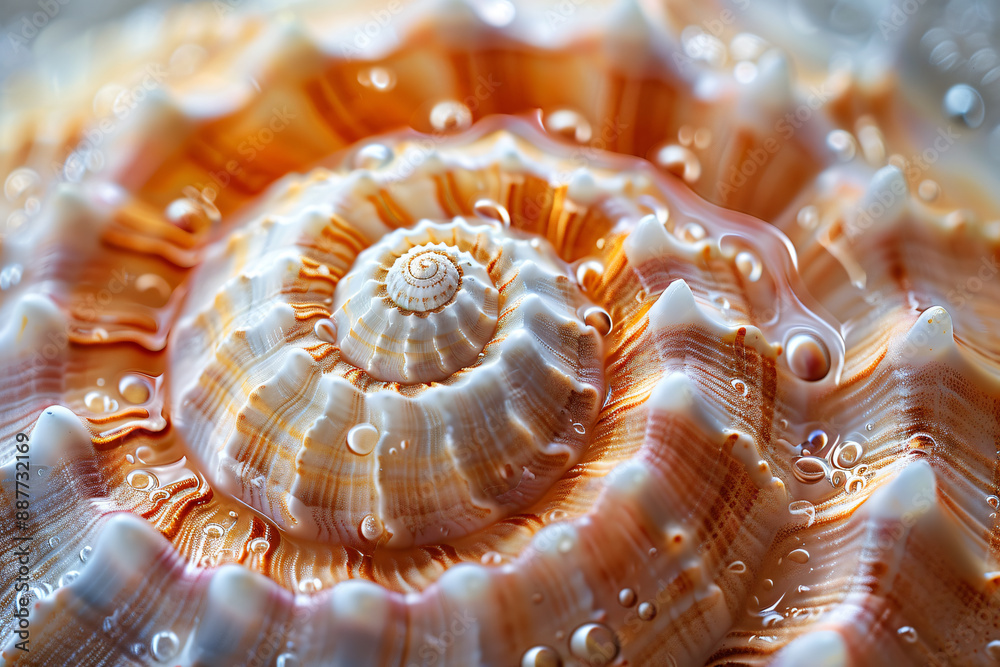 
Close-up of the center view inside an open sea shell, showcasing its spiral pattern and rich coloration on white background, macro photography style