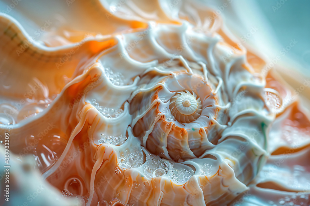Close-up of the center view inside an open sea shell, showcasing its spiral pattern and rich coloration on white background, macro photography style
Close-up of the center view inside an open sea shell, showcasing its spiral pattern and rich coloration on white background, macro photography style