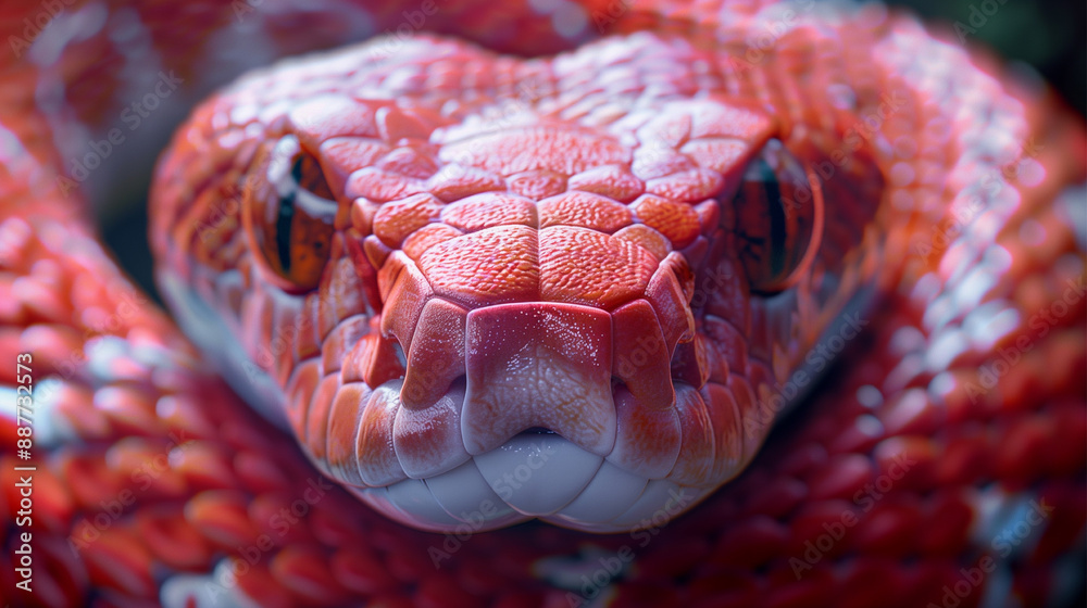 Fototapeta premium A red snake with a black head and a white mouth. The snake is curled up and he is resting