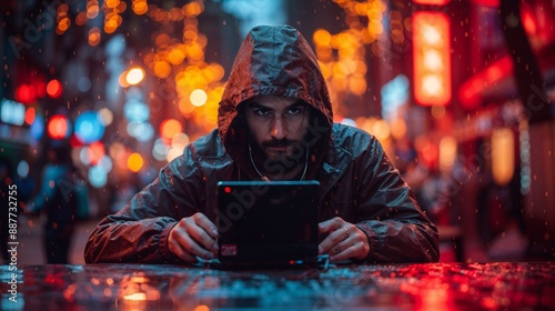 A hacker in a hoodie using a small device in a city at night, representing cyber threat and cyber security. The dark web.