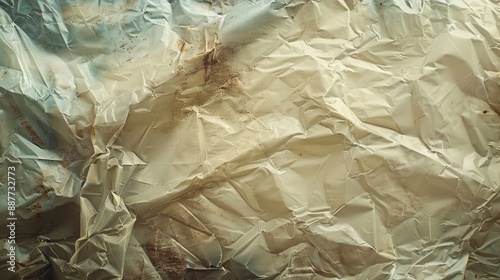 An empty plastic bag displayed on an insulated background, featuring a texture overlay effect of an old album cover with defects and scuffs. Wrinkled, torn, and old packaging