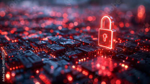 A glowing padlock on a circuit board. Cybersecurity, cyber crime and data encryption. Encryption. Technology and engineering. Cyber attack or data breach. Cyber awareness. Ransomware or crypto locker.