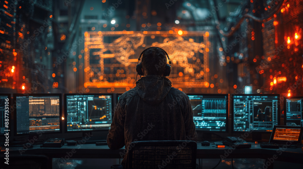 Person working at multiple computer screens in a cyber security operation room. Working in a data centre. Cybersecurity protection. Network Operations Centre. Ransomware and cryptolocker protection. Person working at multiple computer screens in a cyber security operation room. Working in a data centre. Cybersecurity protection. Network Operations Centre. Ransomware and cryptolocker protection.