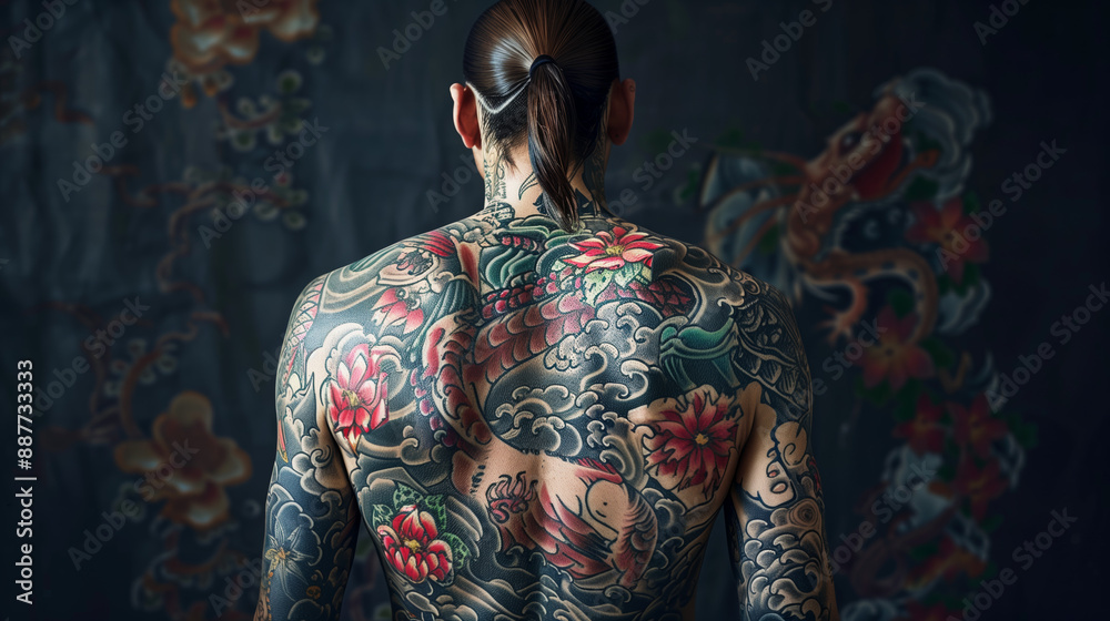 Naklejka premium Rear view of a man with a ponytail showcasing extensive colorful back tattoos featuring koi fish, flowers, and waves. Studio portrait. Body art and traditional Japanese tattoo design concept