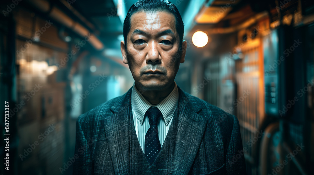 Portrait of a serious man in a suit standing in a narrow, dimly lit corridor. Urban setting and business concept Portrait of a serious man in a suit standing in a narrow, dimly lit corridor. Urban setting and business concept