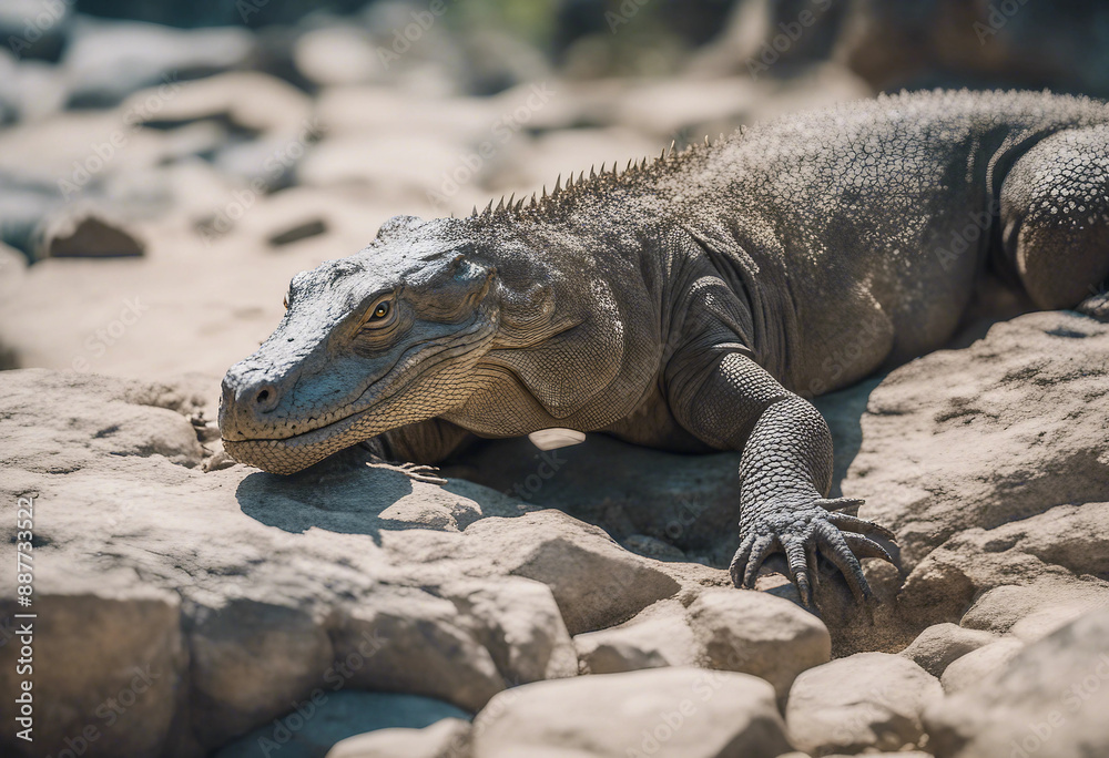 A Komodo dragon basking on a rocky shore, midday heat
A Komodo dragon basking on a rocky shore, midday heat