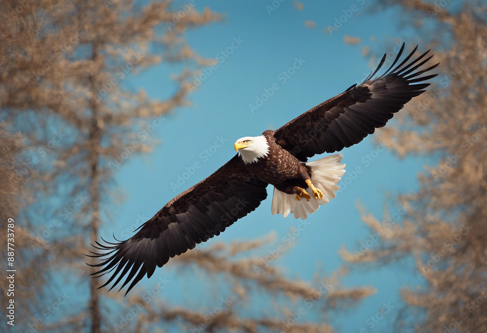 Obraz premium A bald eagle soaring above the forest, clear blue sky 