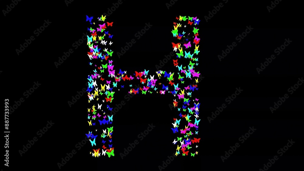 Beautiful illustration of English alphabet H with colorful butterflies on plain black background Beautiful illustration of English alphabet H with colorful butterflies on plain black background