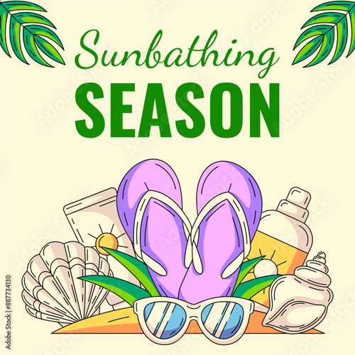 Summer beach square card with seasonal colorful elements in sand. Flip flops, sunscreen, sunglasses, seashell. Sunbathing season. For postcard, social media, poster, banner, invitation or flyer.