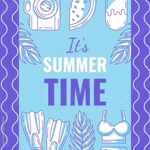 Summer beach square card, vector minimalist design, bright monochrome flippers, camera, bikini, watermelon, ice cream. Geometric shapes, wavy lines. For postcard, social media, poster, banner, post