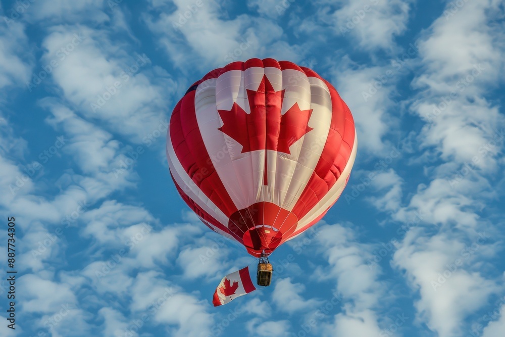 Fototapeta premium A red and white hot air balloon adorned with the Canadian flag ascends against a backdrop of blue sky and fluffy white clouds. A smaller Canadian flag hangs from the basket below.