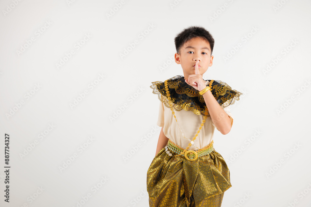 Portrait Thailand kid boy smiling traditional Thai dress costume making finger on lips mouth silent quiet gesture, studio isolated white background, primary child marking silence for stop quiet Portrait Thailand kid boy smiling traditional Thai dress costume making finger on lips mouth silent quiet gesture, studio isolated white background, primary child marking silence for stop quiet