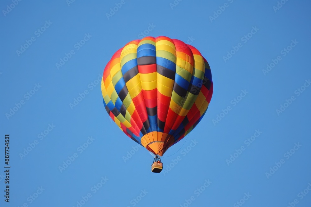 Colorful hot air balloon rises gracefully against a clear blue sky, fully inflated and ready for a peaceful and adventurous journey Colorful hot air balloon rises gracefully against a clear blue sky, fully inflated and ready for a peaceful and adventurous journey