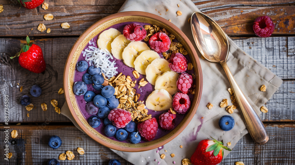 a vibrant acai smoothie bowl, topped with fresh berries, banana slices, granola, and coconut flakes, set on a rustic wooden table with a linen napkin and a spoon a vibrant acai smoothie bowl, topped with fresh berries, banana slices, granola, and coconut flakes, set on a rustic wooden table with a linen napkin and a spoon