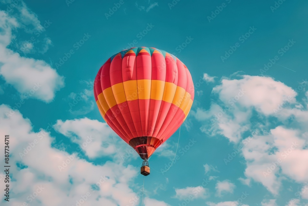 A vibrant red and yellow hot air balloon floats gracefully against a backdrop of fluffy white clouds and a bright blue sky. A vibrant red and yellow hot air balloon floats gracefully against a backdrop of fluffy white clouds and a bright blue sky.