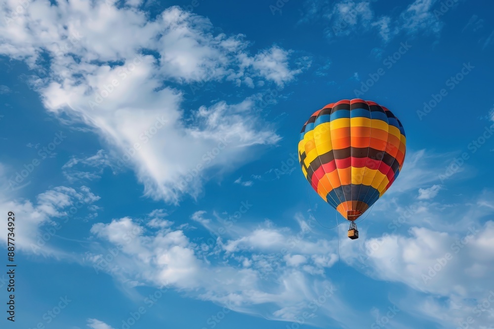 A colorful hot air balloon with the German flag emblazoned on its side floats gracefully through a bright blue sky dotted with fluffy white clouds. A colorful hot air balloon with the German flag emblazoned on its side floats gracefully through a bright blue sky dotted with fluffy white clouds.