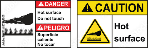Danger hot surface sign with symbol. Caution hot surface do not touch yellow label. Safety Sign Marking Label Symbol Pictogram Standards Danger Hot surface contact may cause burn do not touch.