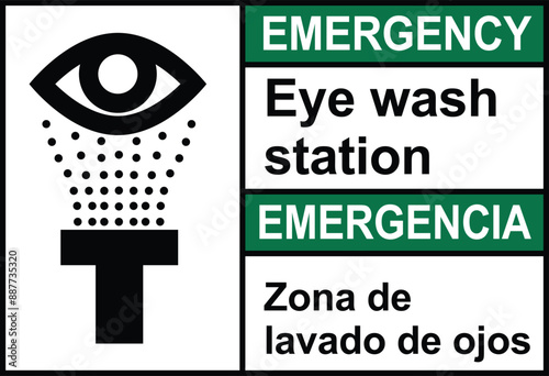 Emergency eye wash station sign with symbol. Eye wash emergency sign and labels. 