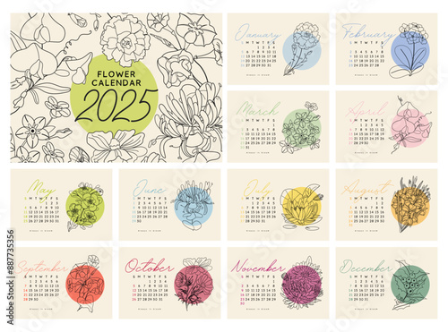 Flower calendar 2025. Isolated on beige background. Calm pastel cover and 12 months pages with seasonal plant outline vector illustrations A5. Week starts on Sunday