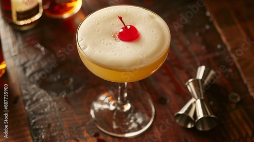 a whiskey sour, with a frothy top and a cherry garnish, served in a coupe glass on a dark wooden surface with a jigger and bitters bottle nearby