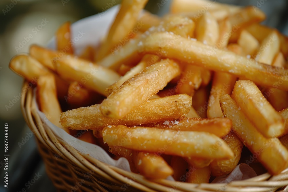 Golden French fries served in a basket on a table, a classic and mouthwatering comfort food option, AI generated Golden French fries served in a basket on a table, a classic and mouthwatering comfort food option, AI generated
