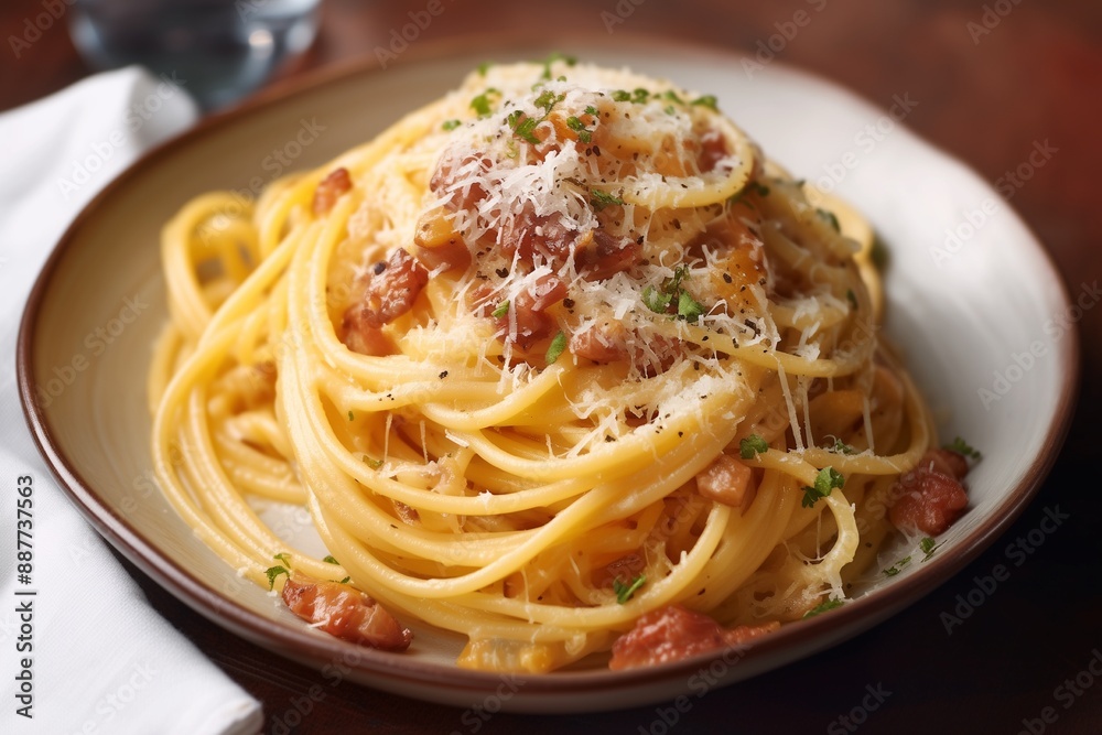 A plate of spaghetti carbonara on the table A plate of spaghetti carbonara on the table