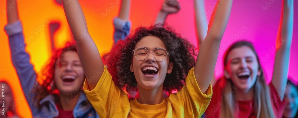 Students celebrating after a successful election, bright lighting, photorealistic, joyful and triumphant Students celebrating after a successful election, bright lighting, photorealistic, joyful and triumphant