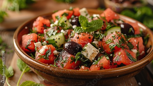 Watermelon Salad with Feta, Olives and Mint