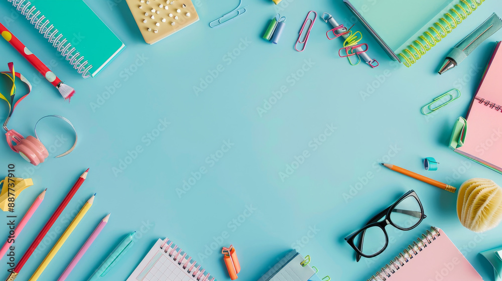 A collection of school supplies arranged on a background, featuring notebooks, pens, pencils, and other essentials, embodying the back-to-school concept. A collection of school supplies arranged on a background, featuring notebooks, pens, pencils, and other essentials, embodying the back-to-school concept.