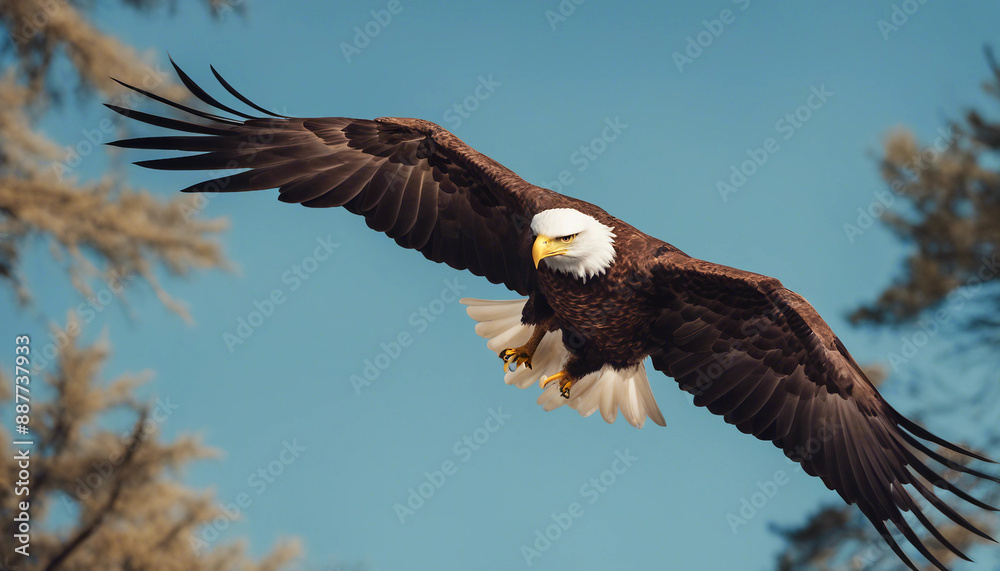 A bald eagle soaring above the forest, clear blue sky
A bald eagle soaring above the forest, clear blue sky