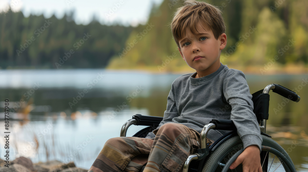 portrait of young sad boy sitting in wheelchair at a lake portrait of young sad boy sitting in wheelchair at a lake