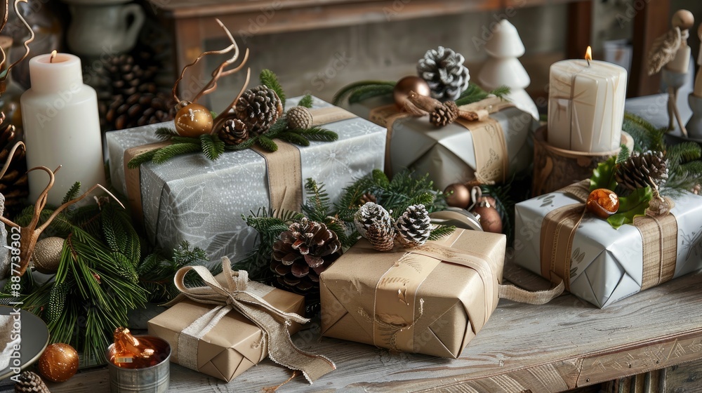 Festive setting with wrapped gifts pine cones crafts on table Festive setting with wrapped gifts pine cones crafts on table