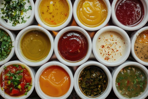 Wallpaper Mural Different sauces in small bowls on a table, A colorful assortment of dipping sauces, Set of different tasty sauces, AI generated Torontodigital.ca