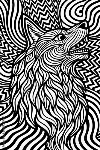 Monochrome Surreal Wolf on Psychedelic Swirling Background - Hypnotic Black-and-White Optical Illusion Ink Illustration
