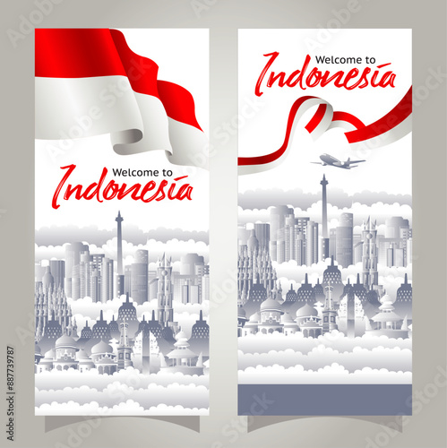 Vector red color Flat design, Illustration of flag and icon Indonesia for banner, flyer, brochure, layout and website. Welcome to Indonesia.