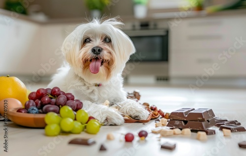 Maltese Dog Surrounded by Harmful Foods on Kitchen Floor, dangerous food, kitchen, dog, pet, chocolate, grapes, nuts, apple, unhealthy food, pet safety, dog health, grape toxicity, animal nutrition