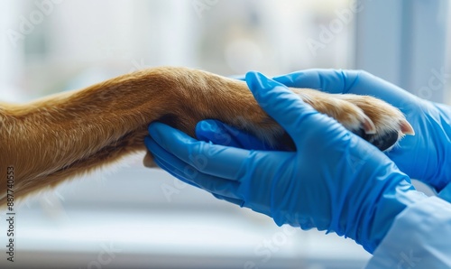 Concept of Veterinary Care and Animal Help. Dog Paw in the Hand of a Blue-Gloved Veterinarian Close-Up, vet hands, pet doctor, vet clinic, animal hospital, pet health check