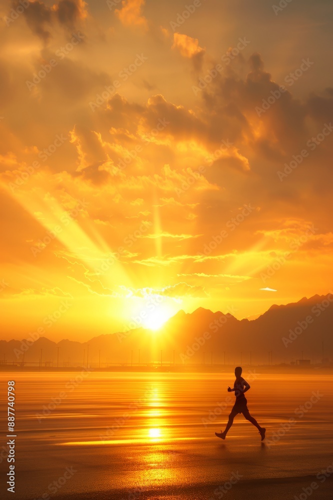 Sunset Jogging Silhouette by the Lake with Majestic Mountain View. Book cover design Sunset Jogging Silhouette by the Lake with Majestic Mountain View. Book cover design